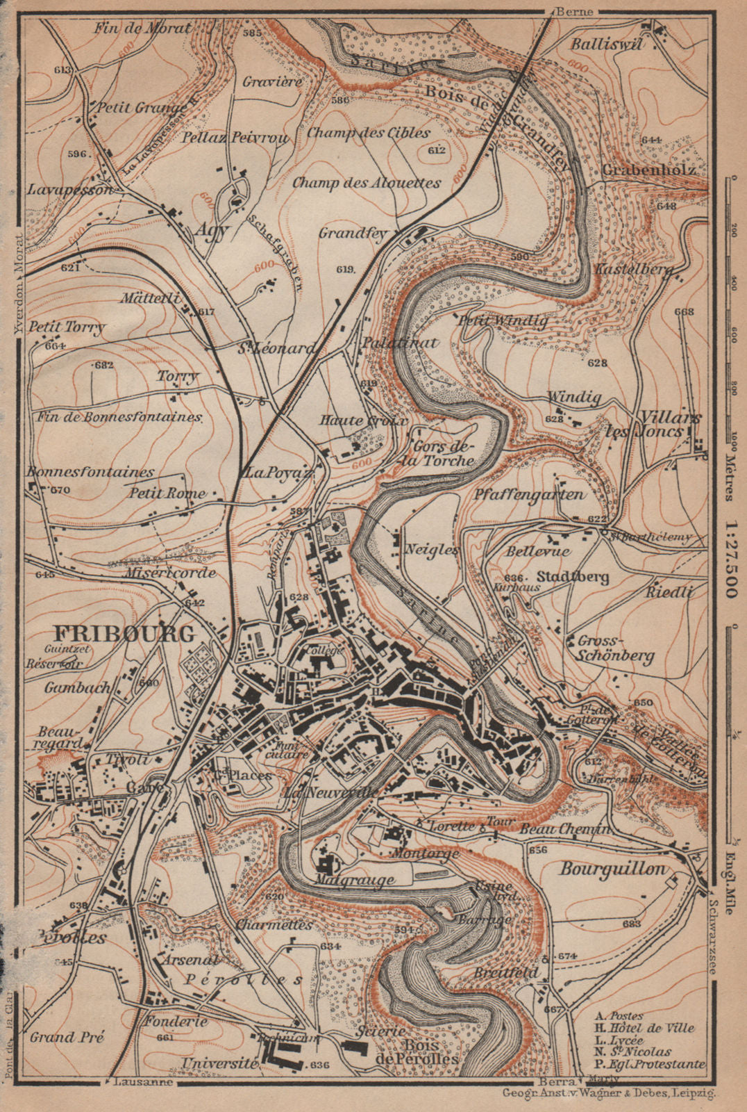 FRIBOURG / FREIBURG ENVIRONS. Switzerland Suisse Schweiz carte karte 1901 map